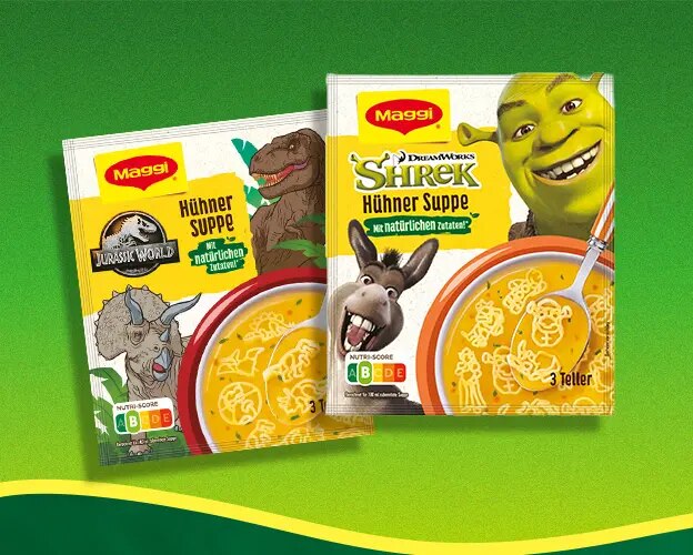 Zwei Maggi Hühnersuppe Packungen mit Shrek und Jurassic World