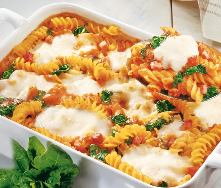 Nudelauflauf "Tomate-Mozzarella" mit Spinat